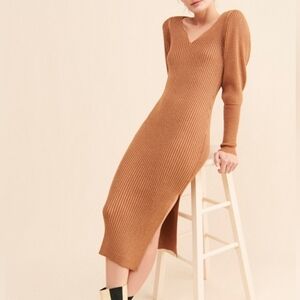 Dolan Women's Large Rust Brown Metallic Gold Long Sleeve Sweater Midi Rib Dress